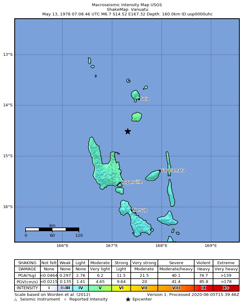 USGS ShakeMap: estimated shaking intensity around the epicenter