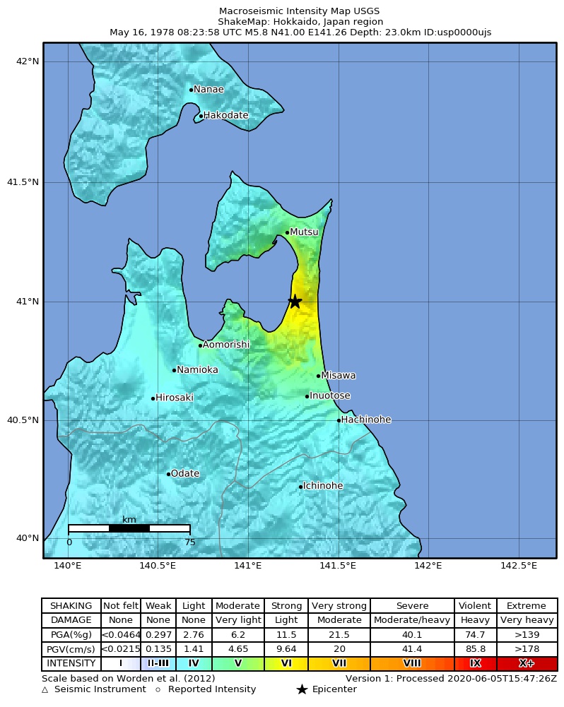 USGS ShakeMap: estimated shaking intensity around the epicenter