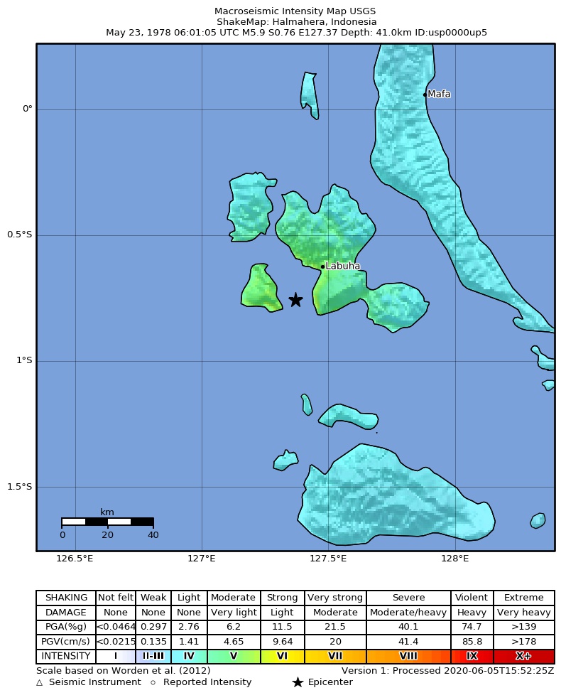 USGS ShakeMap: estimated shaking intensity around the epicenter
