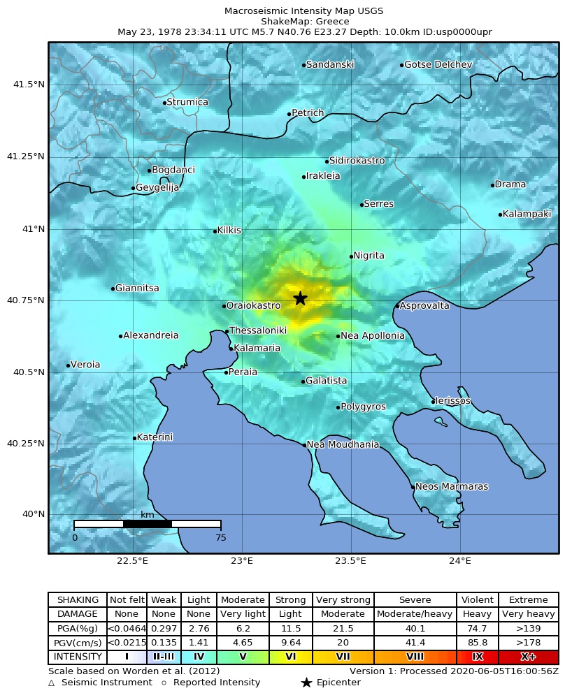USGS ShakeMap: estimated shaking intensity around the epicenter