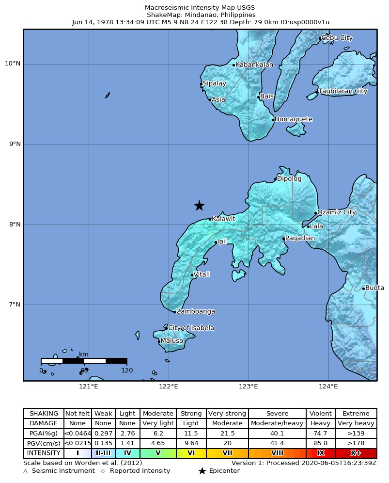 USGS ShakeMap: estimated shaking intensity around the epicenter