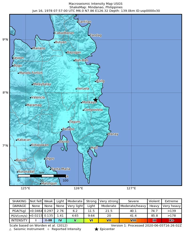 USGS ShakeMap: estimated shaking intensity around the epicenter