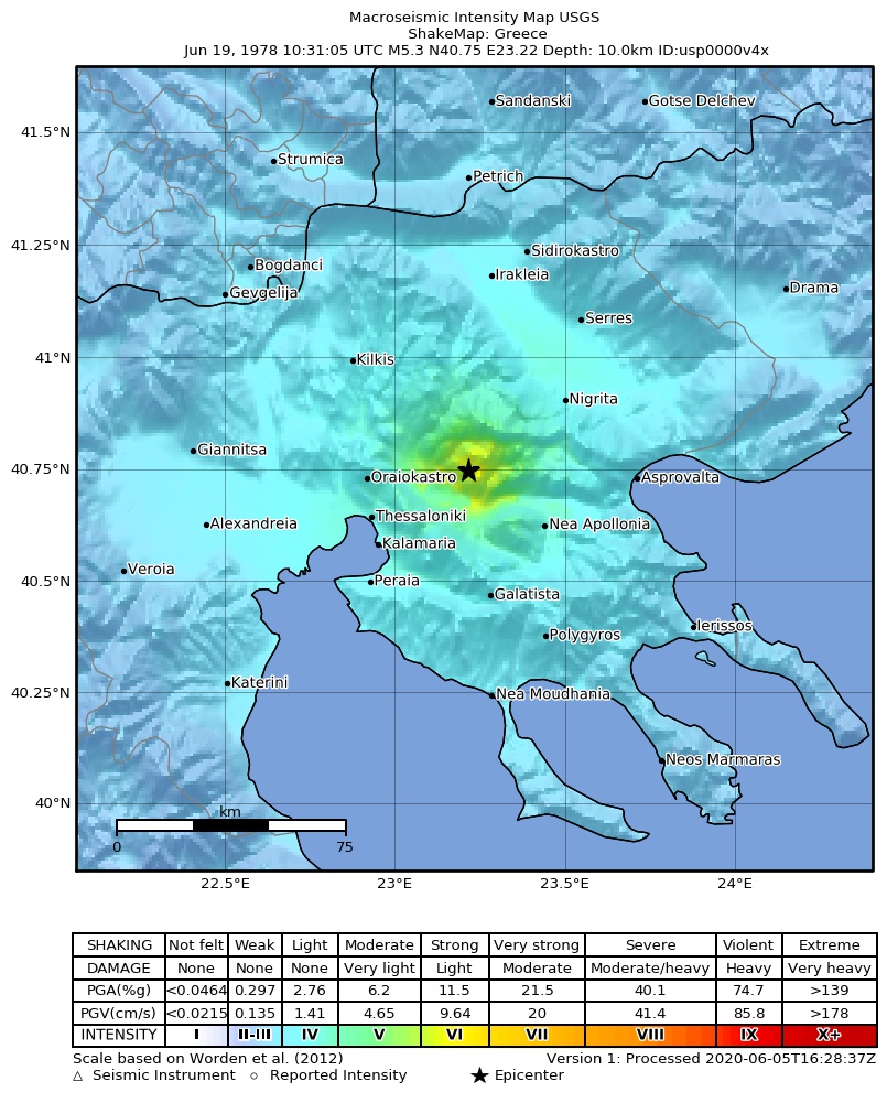 USGS ShakeMap: estimated shaking intensity around the epicenter