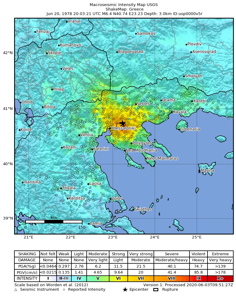 USGS ShakeMap: estimated shaking intensity around the epicenter