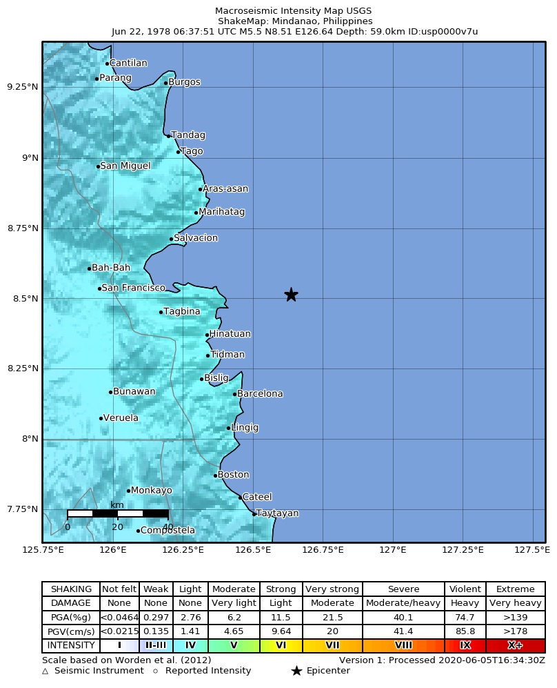 USGS ShakeMap: estimated shaking intensity around the epicenter
