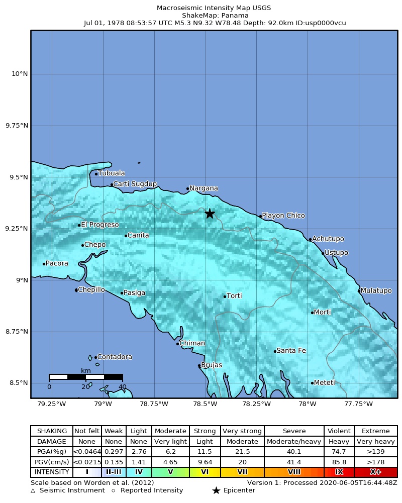 USGS ShakeMap: estimated shaking intensity around the epicenter