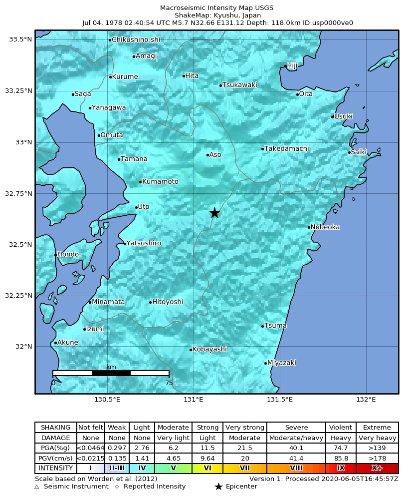 USGS ShakeMap: estimated shaking intensity around the epicenter