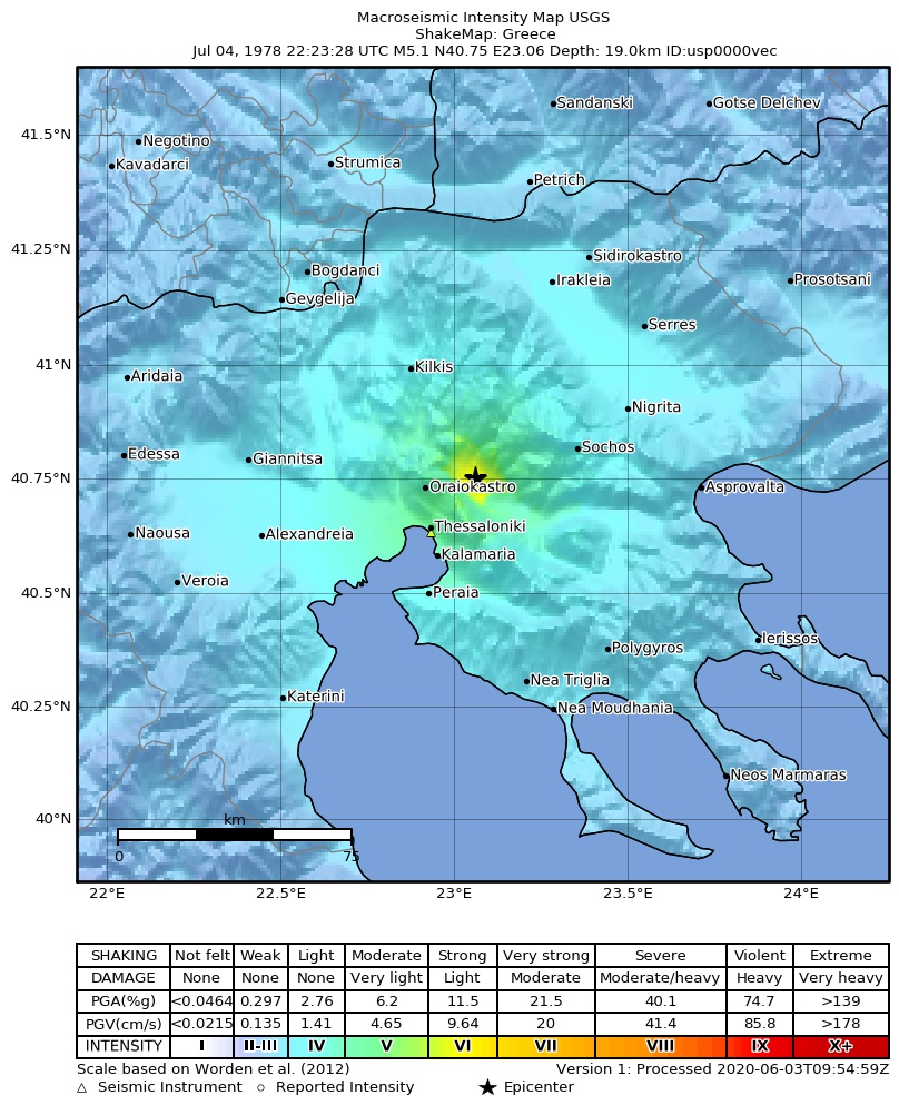 USGS ShakeMap: estimated shaking intensity around the epicenter