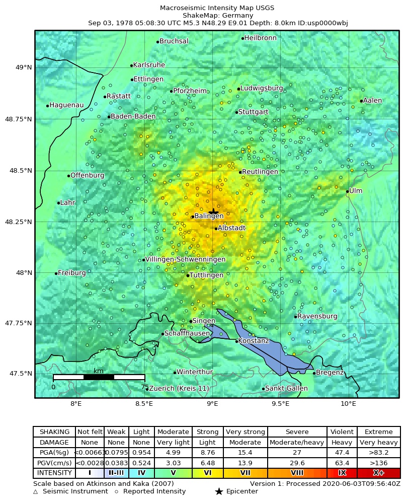 USGS ShakeMap: estimated shaking intensity around the epicenter