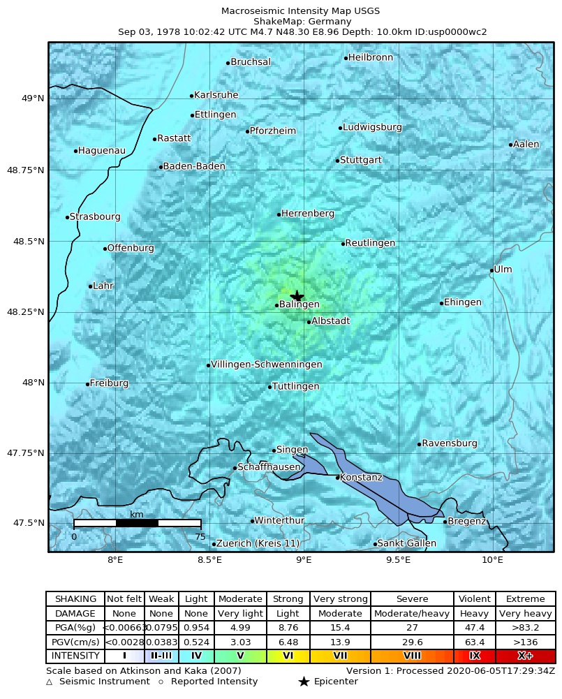 USGS ShakeMap: estimated shaking intensity around the epicenter