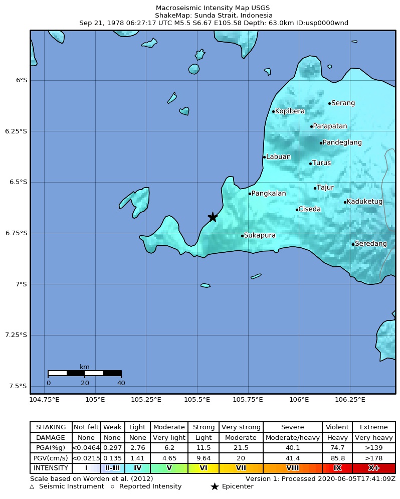 USGS ShakeMap: estimated shaking intensity around the epicenter