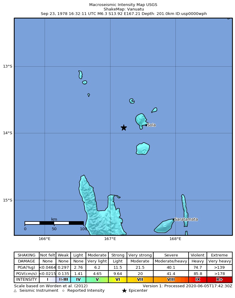 USGS ShakeMap: estimated shaking intensity around the epicenter