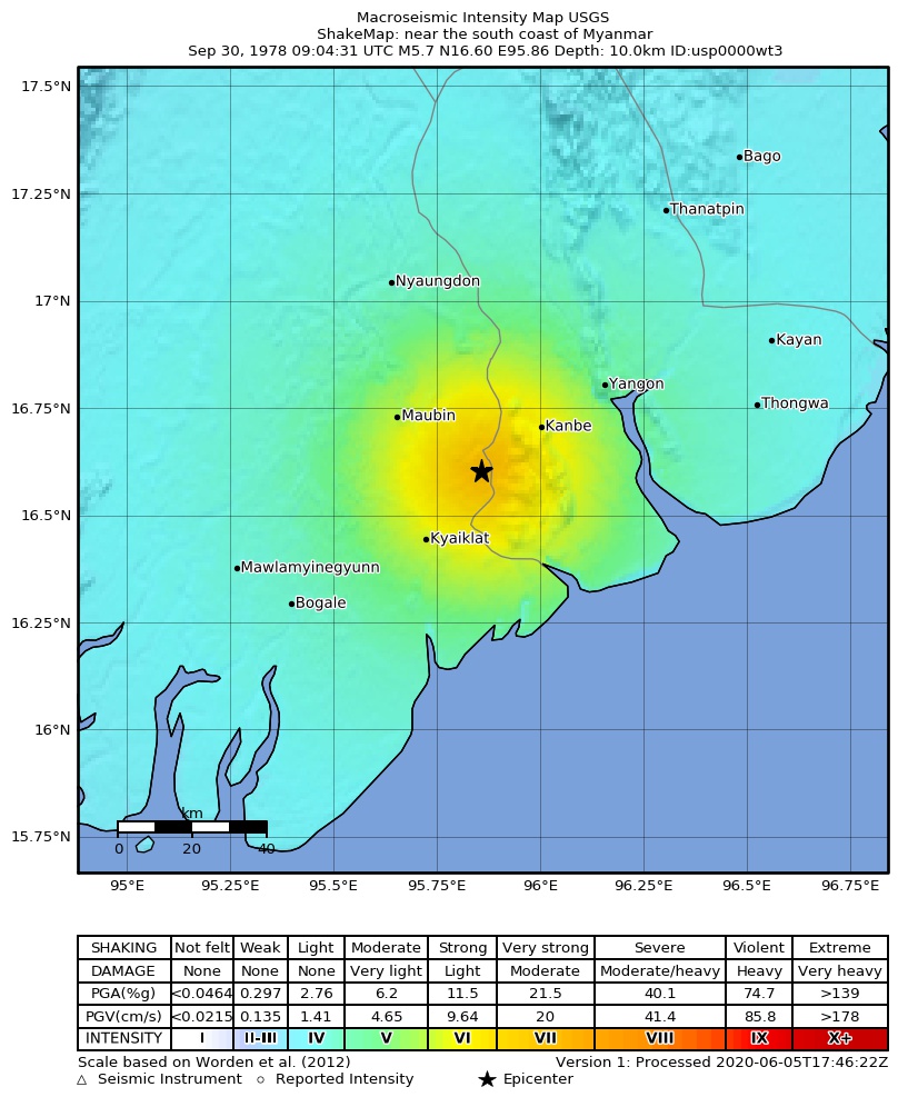 USGS ShakeMap: estimated shaking intensity around the epicenter