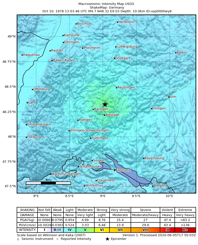 USGS ShakeMap: estimated shaking intensity around the epicenter