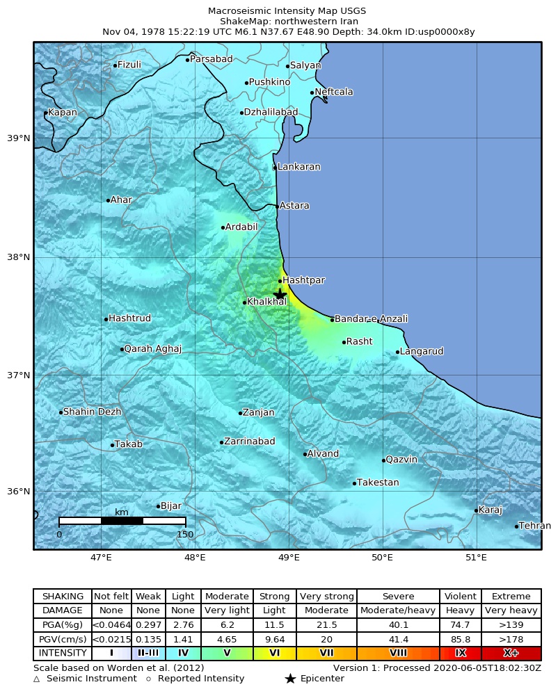 USGS ShakeMap: estimated shaking intensity around the epicenter