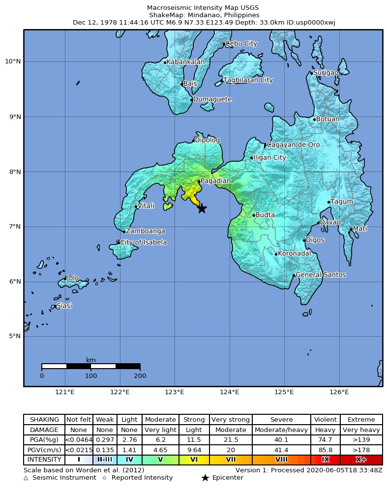 USGS ShakeMap: estimated shaking intensity around the epicenter