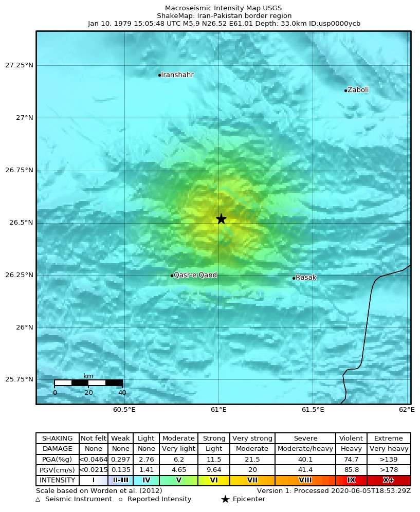 USGS ShakeMap: estimated shaking intensity around the epicenter