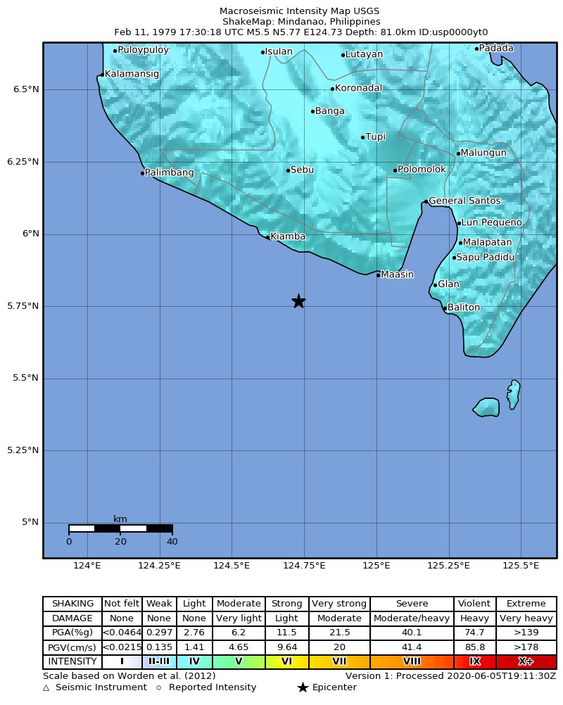 USGS ShakeMap: estimated shaking intensity around the epicenter