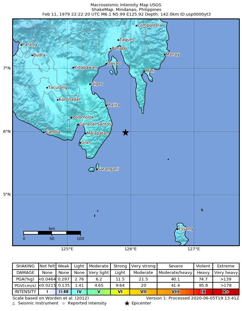 USGS ShakeMap: estimated shaking intensity around the epicenter