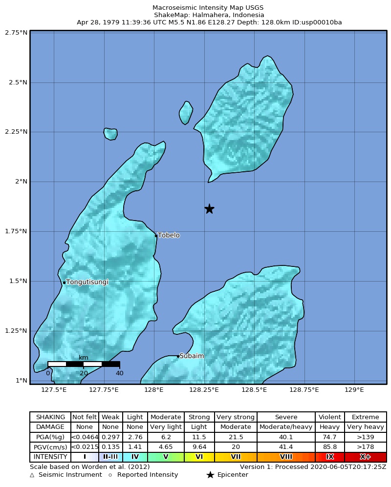 USGS ShakeMap: estimated shaking intensity around the epicenter
