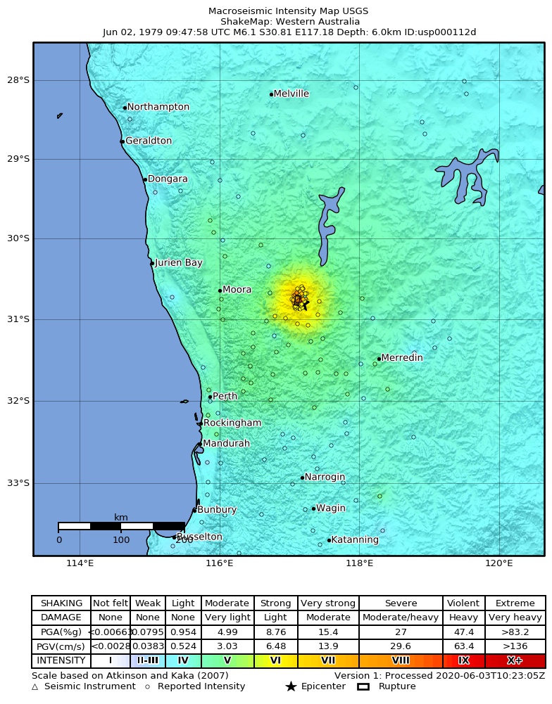 USGS ShakeMap: estimated shaking intensity around the epicenter