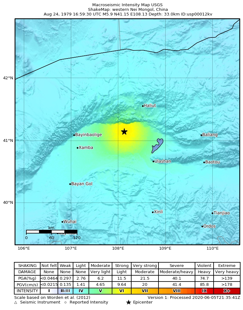 USGS ShakeMap: estimated shaking intensity around the epicenter