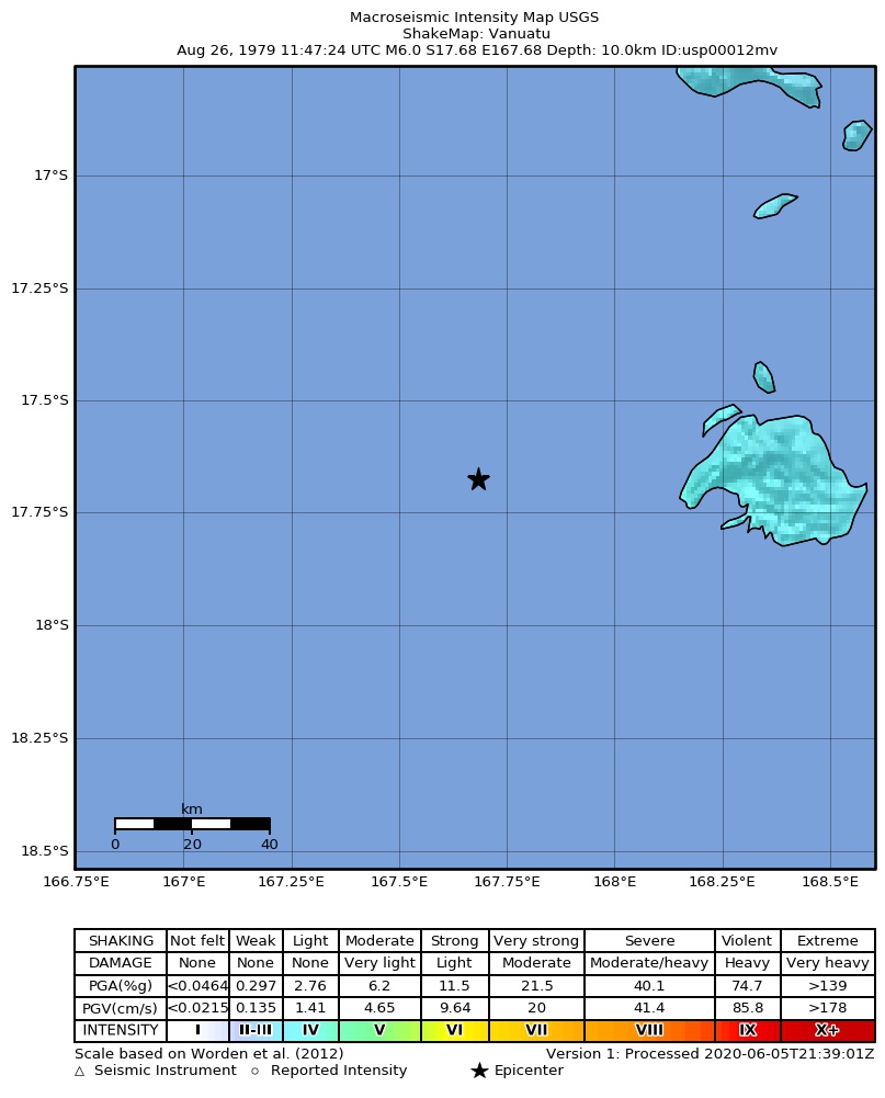 USGS ShakeMap: estimated shaking intensity around the epicenter