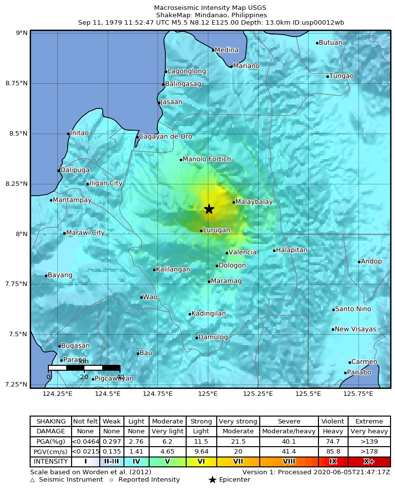 USGS ShakeMap: estimated shaking intensity around the epicenter