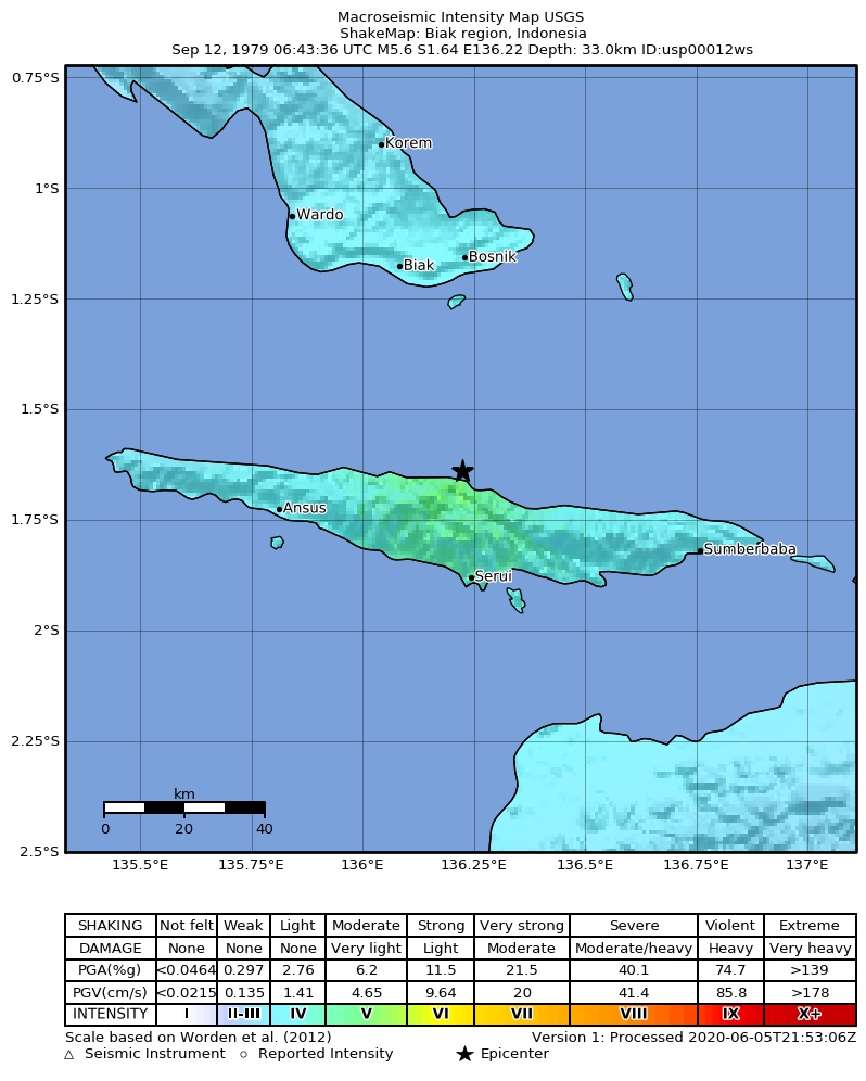 USGS ShakeMap: estimated shaking intensity around the epicenter