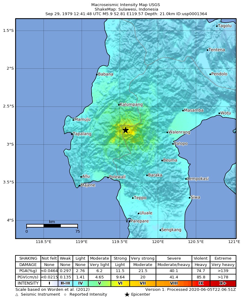 USGS ShakeMap: estimated shaking intensity around the epicenter
