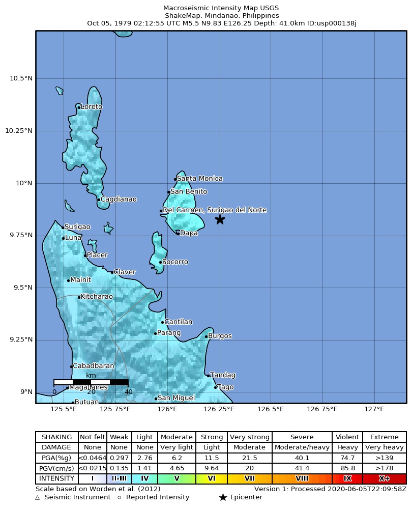 USGS ShakeMap: estimated shaking intensity around the epicenter