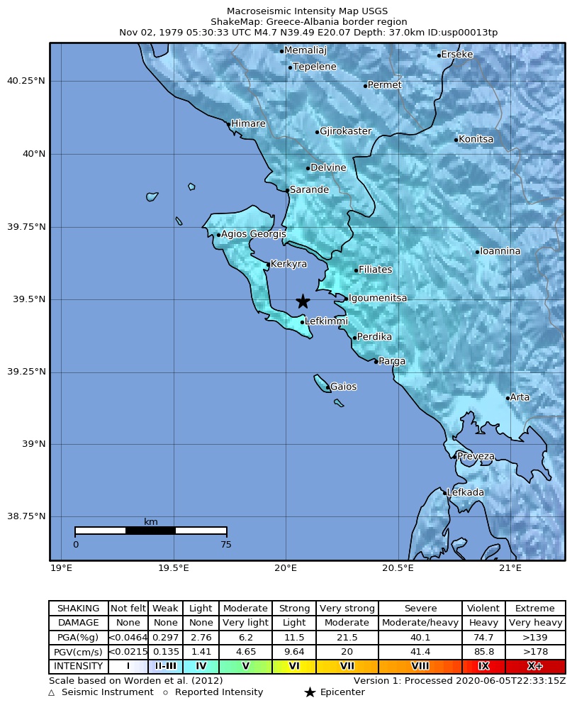 USGS ShakeMap: estimated shaking intensity around the epicenter