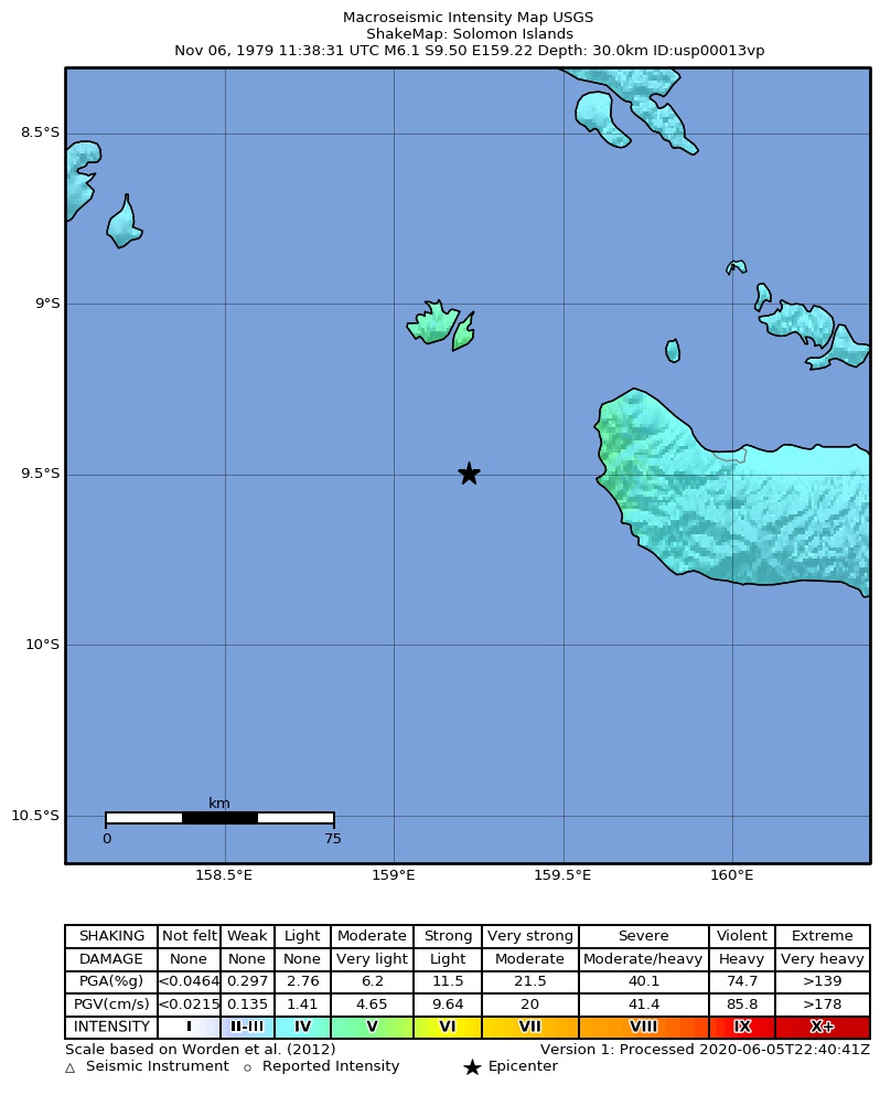 USGS ShakeMap: estimated shaking intensity around the epicenter
