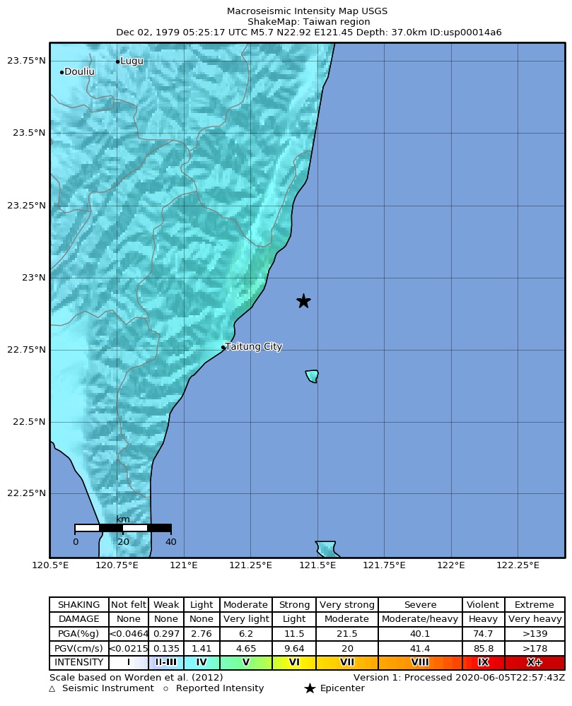 USGS ShakeMap: estimated shaking intensity around the epicenter
