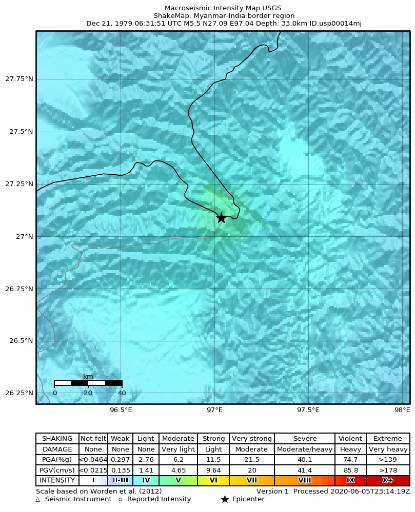 USGS ShakeMap: estimated shaking intensity around the epicenter