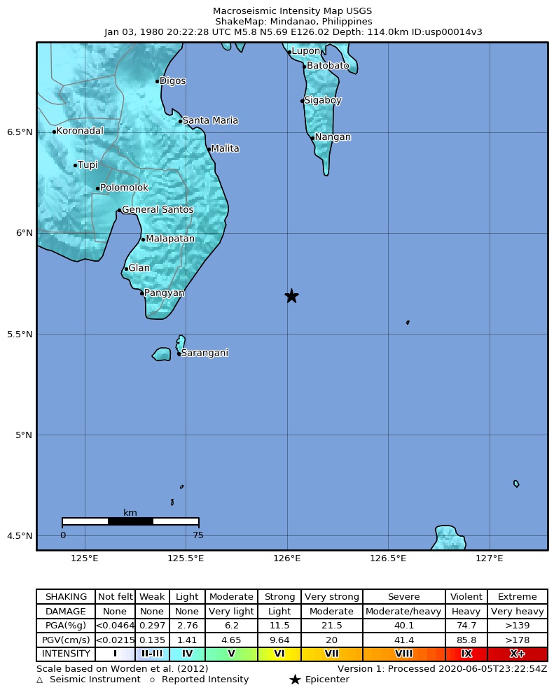 USGS ShakeMap: estimated shaking intensity around the epicenter
