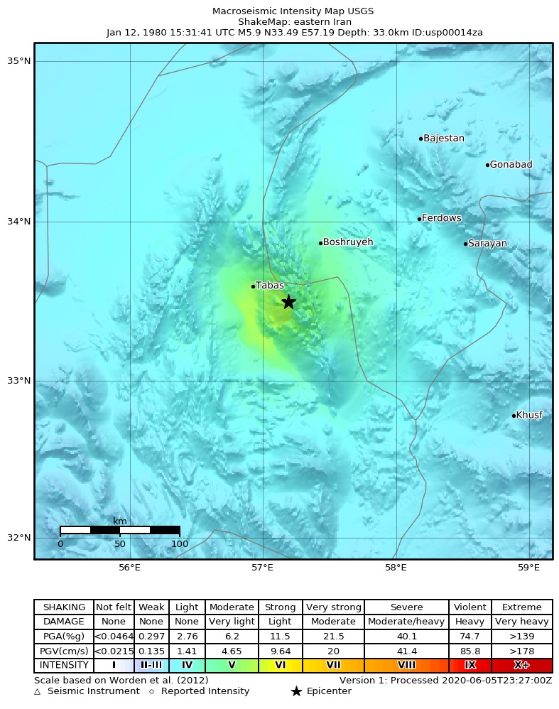 USGS ShakeMap: estimated shaking intensity around the epicenter