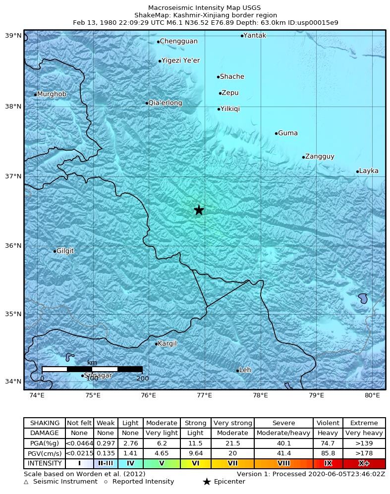 USGS ShakeMap: estimated shaking intensity around the epicenter