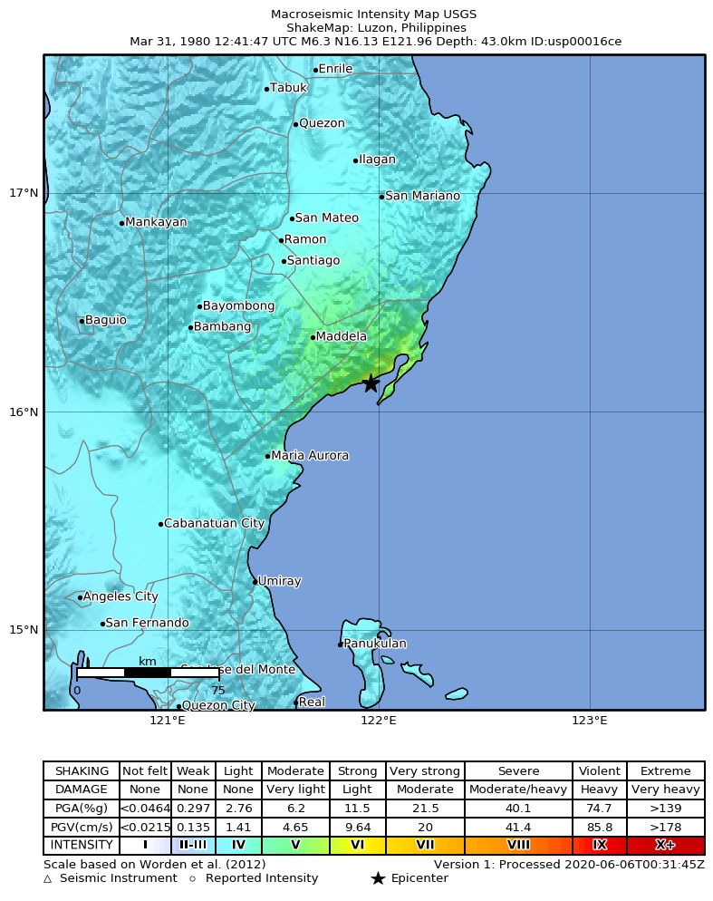 USGS ShakeMap: estimated shaking intensity around the epicenter