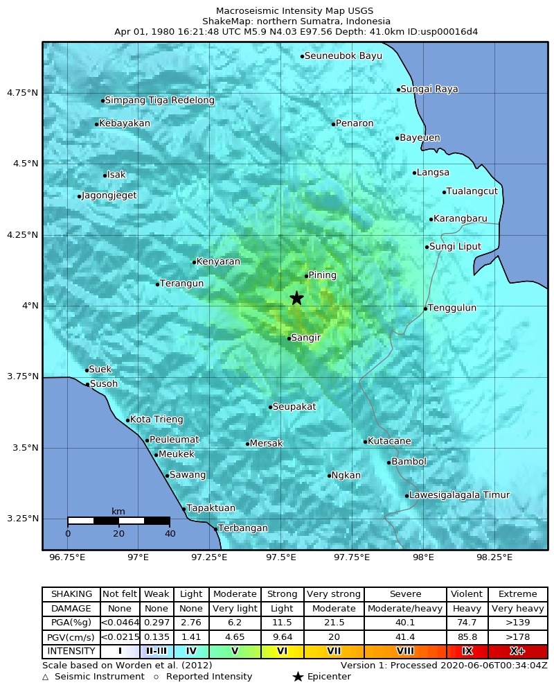 USGS ShakeMap: estimated shaking intensity around the epicenter