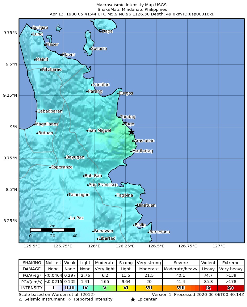 USGS ShakeMap: estimated shaking intensity around the epicenter