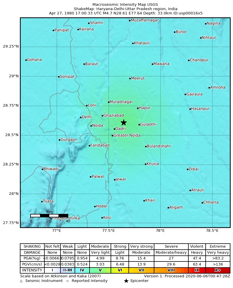 USGS ShakeMap: estimated shaking intensity around the epicenter