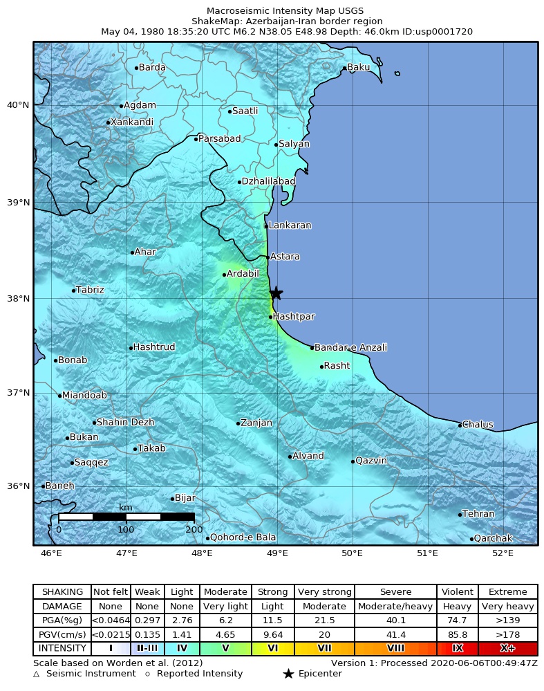USGS ShakeMap: estimated shaking intensity around the epicenter