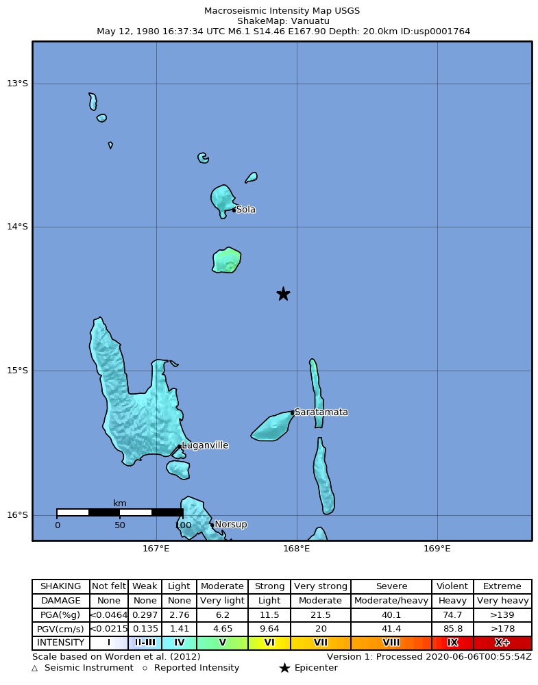 USGS ShakeMap: estimated shaking intensity around the epicenter