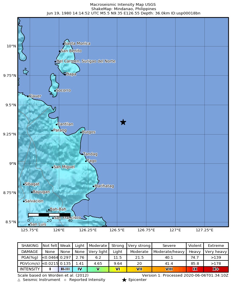 USGS ShakeMap: estimated shaking intensity around the epicenter