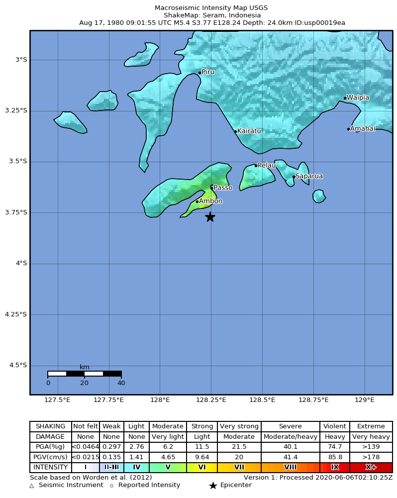 USGS ShakeMap: estimated shaking intensity around the epicenter