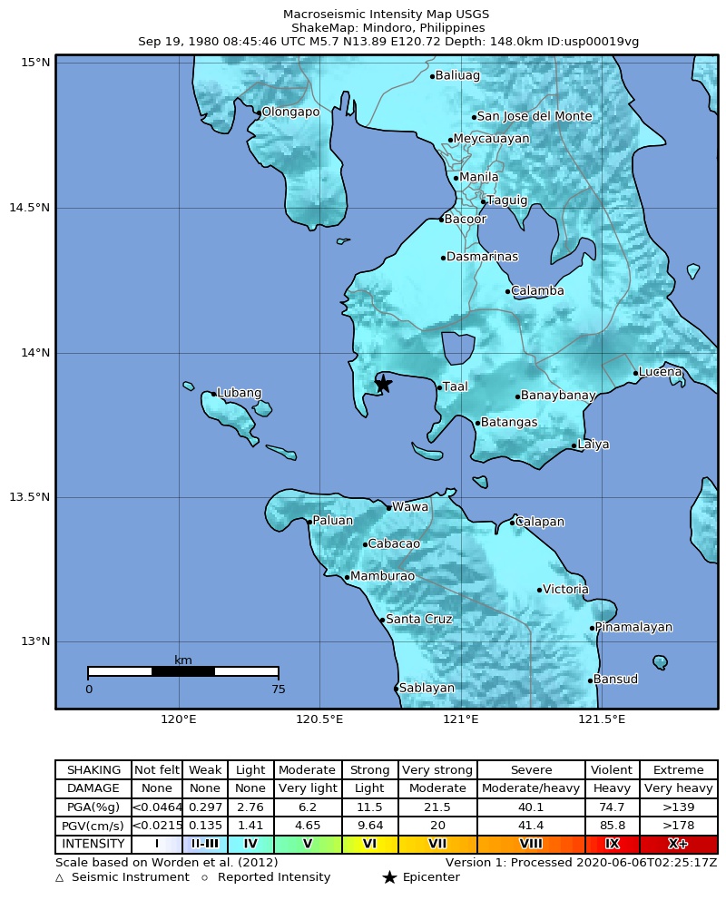 USGS ShakeMap: estimated shaking intensity around the epicenter