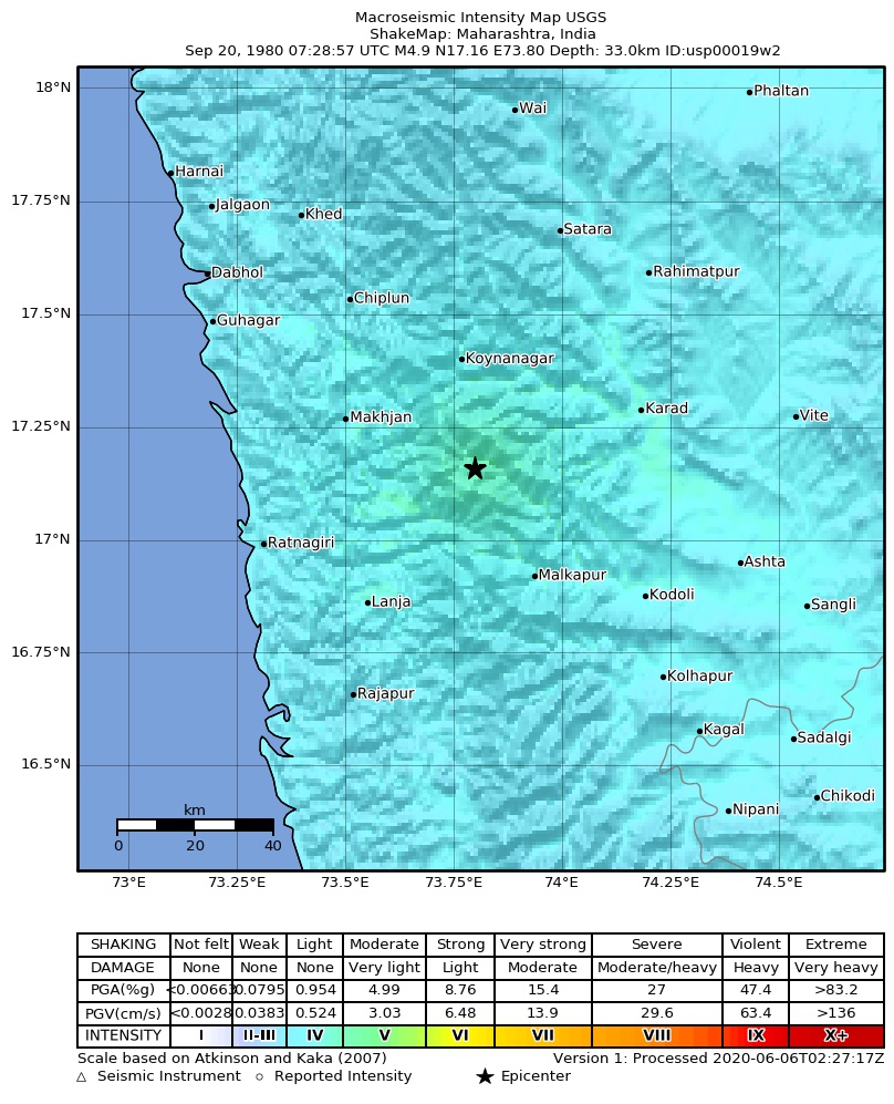USGS ShakeMap: estimated shaking intensity around the epicenter