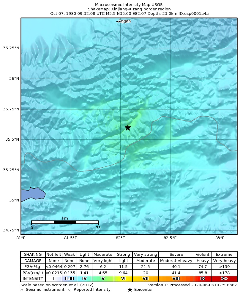 USGS ShakeMap: estimated shaking intensity around the epicenter
