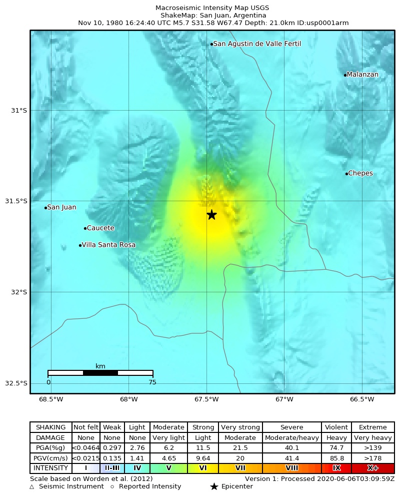 USGS ShakeMap: estimated shaking intensity around the epicenter